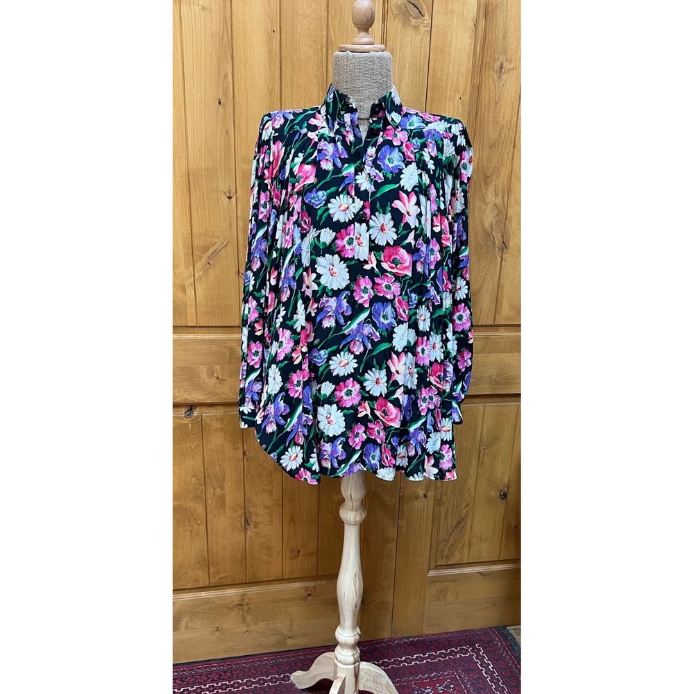 Emanuel Ungaro Pleated Blouse US 8 Floral Strong Shoulder Pleated Flowy 80s Vtg